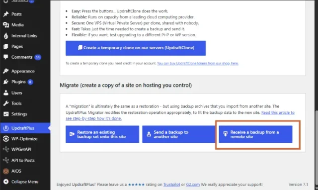 Screenshot highlighting the button to receive a backup from a remote site