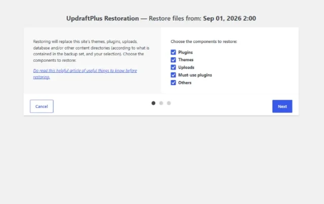 Screenshot of the UpdraftPlus window showing which files to restore