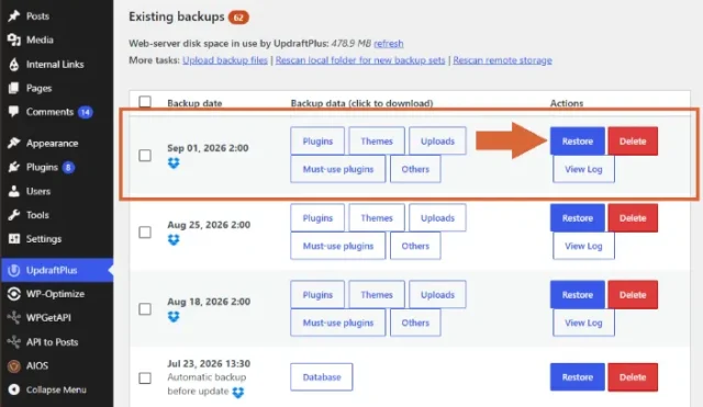 Screenshot showing the most recent backup in the list which can be restored