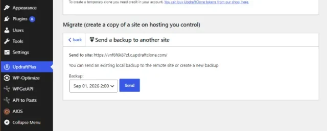 Screenshot showing the section that allows to send the backup to the connected site