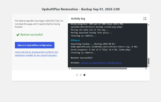 Screenshot showing how to Complete UpdraftPlus restoration